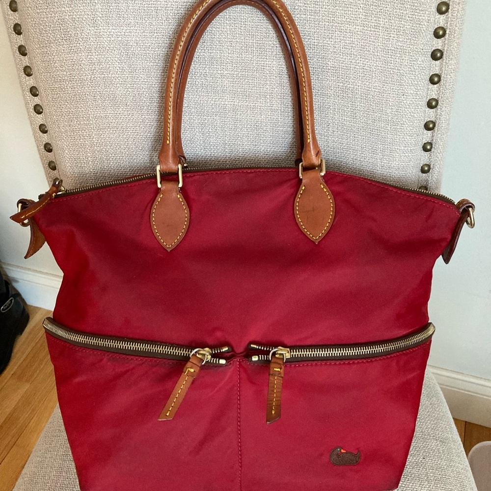 Dooney & Bourke Red Nylon Tote with Brown Leather Trim - Picture 4 of 9
